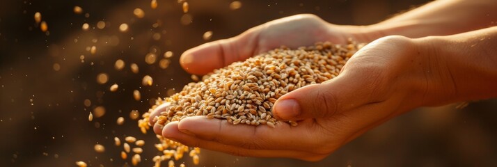 Hands pouring a handful of wheat grains - obrazy, fototapety, plakaty