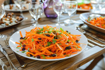 Beautiful table setting with Moroccan carrot salad with carrots and raisins - 787234728