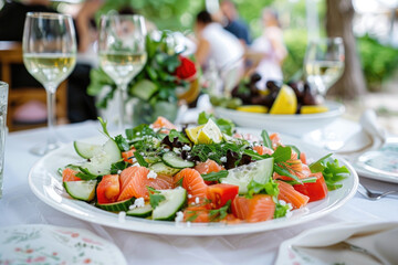 Beautiful table setting in the garden with Greek salmon salad and blurred people dining in the background - 787234737