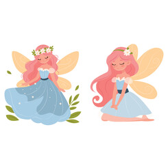 Fairy little princess set. Cartoon cute fairies flying. Child tale doll and magic characters. 