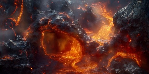 A breathtaking scene depicting molten lava flowing through a harsh and craggy volcanic landscape - obrazy, fototapety, plakaty