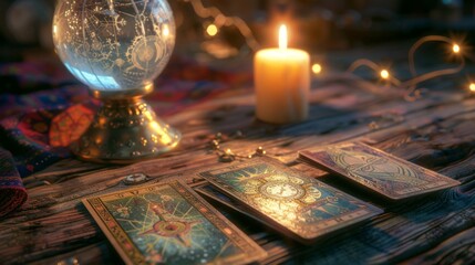 Wooden table covered with a white candle, crystal ball and tarot cards - obrazy, fototapety, plakaty