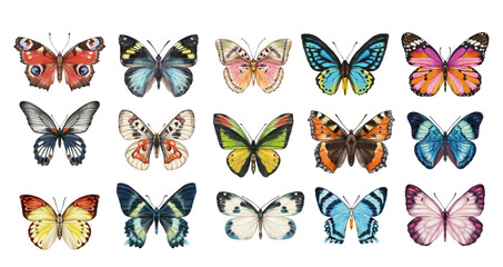 Watercolor colorful butterflies, isolated on white background. blue, yellow, pink and red butterfly 