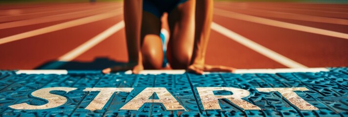 Runners preparing to start from the starting line of the athletics track, with the text start engraved