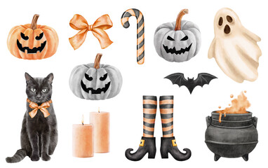 watercolor halloween set of isolated hats, bats and pumpkins on the white background
