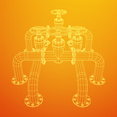 Oil pipeline with valve. Petrol production. Petroleum fuel industry transportation line. Wireframe low poly mesh vector illustration