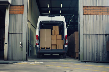 Delivery van loaded with cardboard boxes at logistics warehouse. Truck delivering boxes, online orders, purchases, e-commerce goods - 787234985