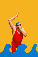 Man in swimming attire covered nose diving to children's pool with abstract water against yellow studio background. Concept of pop art, sport, training, competition, hobby, activity.