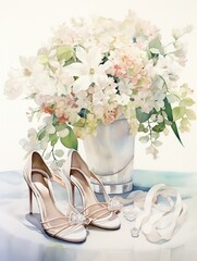 Paint a watercolor tableau of wedding shoes with pearl details, next to a ring bearers pillow adorned with fresh jasmine flowers ,  watercolor art