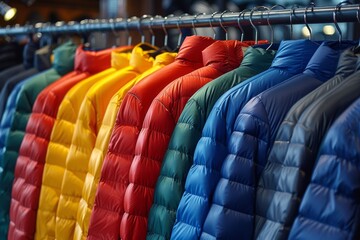 A row of brightly colored insulated jackets neatly hung on a store rack