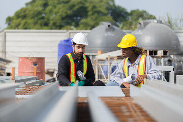 Construction civil engineer man and woman African American checking quality of work in construction site. Team of various nationalities working inspecting infrastructure building progress. - obrazy, fototapety, plakaty