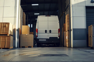 Delivery van loaded with cardboard boxes at logistics warehouse. Truck delivering boxes, online orders, purchases, e-commerce goods - obrazy, fototapety, plakaty