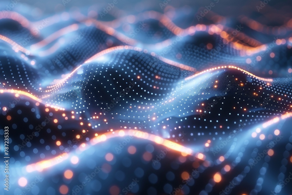 Poster digitally generated dynamic blue and red wave patterns with connecting particles symbolizing network