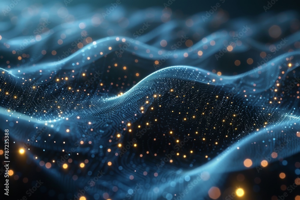 Poster a mesmerizing display of blue tones and golden particles forming wave patterns representing connecti