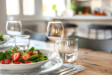 Beautiful table setting with strawberry spinach salad served on the plate - 787235303