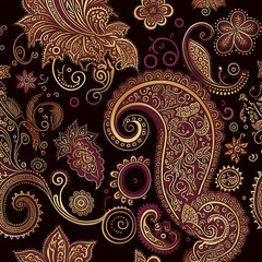 Paisley pattern texture, stylized floral decor in purple and gold on black background