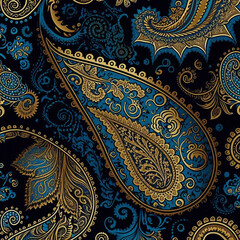 Paisley pattern background, stylized floral decor in blue and gold on black background