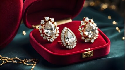  A pair of glittering diamond earrings dangling from a velvet box 