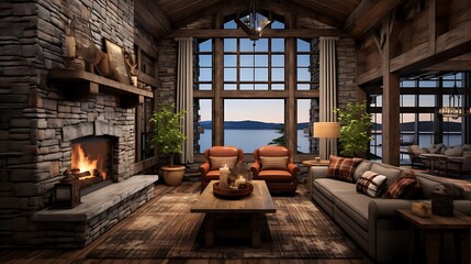 Fototapeta na wymiar Plan a rustic lakeside retreat with weathered wood paneling and stone fireplace