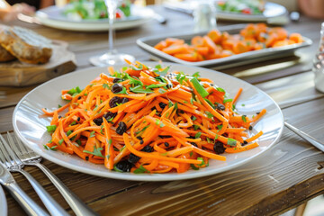 Beautiful table setting with Moroccan carrot salad with carrots and raisins - 787235539