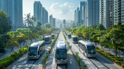 A modern city embracing self-driving buses and intelligent traffic management solutions to enhance mobility and reduce environmental impact - obrazy, fototapety, plakaty