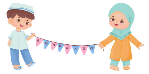 Muslim kids holding Ramadan banner