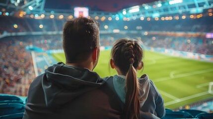 A father and daughter attending a live football match at a stadium and fueling the child's ambition to become a player