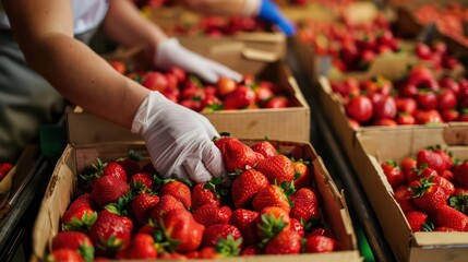 Strawberry harvest season, sorting into boxes. Generative AI