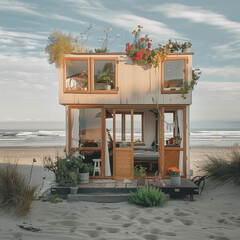 Design a small, charming beach house on wheels, parked on a sandy beach