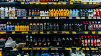 A store shelf filled with different types and brands of bottles, including motor oil, creating a diverse display - obrazy, fototapety, plakaty