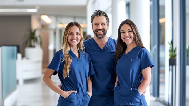 A man and two women, wearing professional scrubs, pose confidently for a picture demonstrating teamwork and professionalism