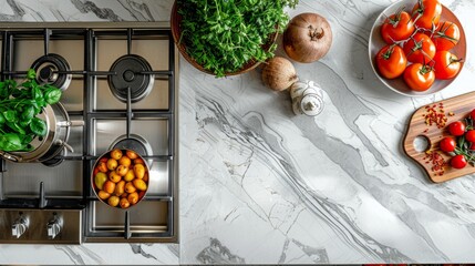 A modern designer kitchen counter with a stove top, showcasing various fresh vegetables neatly arranged on it - obrazy, fototapety, plakaty