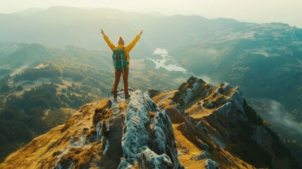 A person stands triumphantly on a mountain summit with arms raised in victory - obrazy, fototapety, plakaty