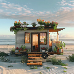 Design a small, charming beach house on wheels, parked on a sandy beach