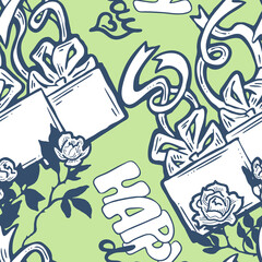 Gift box, ribbon and flowers seamless pattern for wrapping present with bow, party celebration, sale promotion, Textile print, fabric design, banner background. Hand drawn illustration cartoon style.