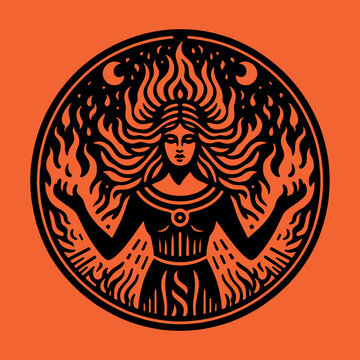 Mythical goddess of fire. Beautiful engraving illustration, emblem, icon, logo