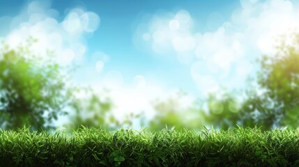 Fototapeta premium Blurred sunny spring meadow with defocused bokeh on gradient from blue sky to green grass