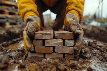 Skilled worker's hands carefully placing bricks in a developing construction site with dedication to craftsmanship - obrazy, fototapety, plakaty