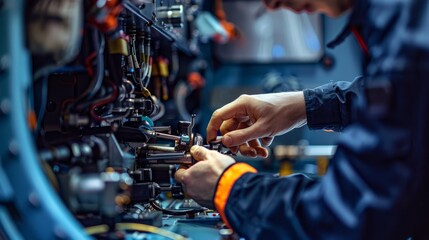 Closeup shot of a man delicately maneuvering small components within a machines structure in a factory, highlighting precision and skill