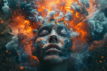 Fotobehang Intense emotional imagery of a head ablaze, symbolizing internal conflict or passion, against a calming blue background © Larisa AI