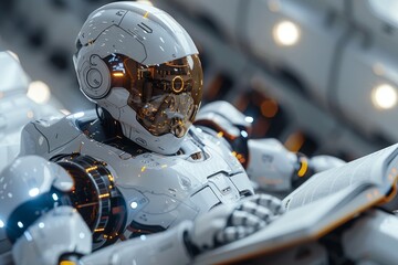 An intricate robot with a reflective golden visor, displaying a complex design indicative of high intelligence and futuristic vision
