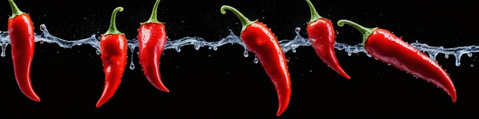A lot of chili in the air isolated. Red hot chili peppers on a dark background with drops of water....