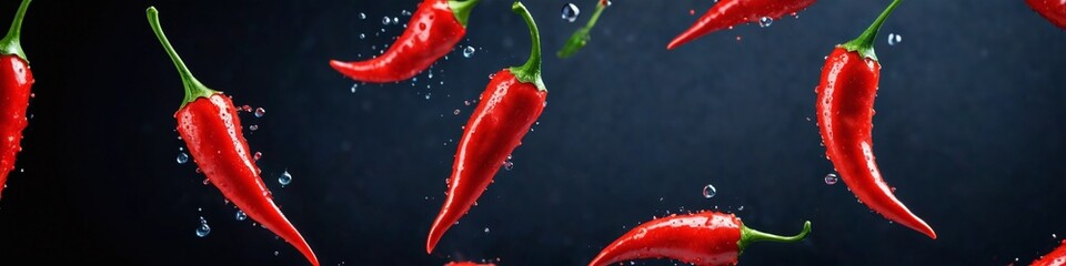 A lot of chili in the air isolated. Red hot chili peppers on a dark background with drops of water. Fresh vegetables splashing in splashes of clean water, healthy eating concept.