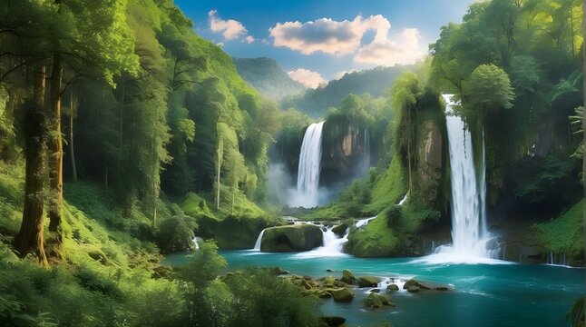 This stunning panorama picture shows a waterfall in the middle of a verdant forest.