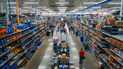 A large warehouse filled with shelves displaying various automotive products while customers browse through them