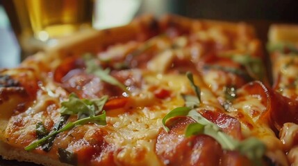 Closeup of a slice of 3D printed pizza complete with a crispy crust gooey cheese and fresh toppings showcasing the realistic texture and taste that 3D printing can achieve. .