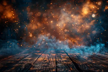 Foto op Plexiglas Captivating view of dust particles creating a magical orange glow over a traditional wooden surface © Larisa AI