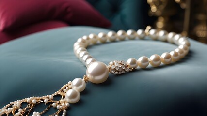  A dainty pearl necklace resting on a velvet cushion  - obrazy, fototapety, plakaty
