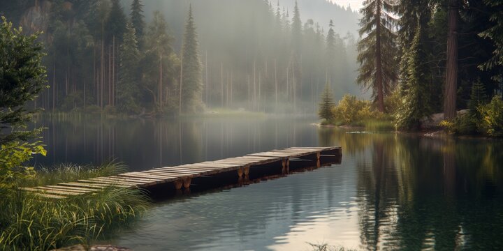 Mystical morning scene with mist rising over calm lake waters surrounded by dense picturesque forestry and a rustic pier
