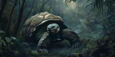 A captivating image of a giant tortoise moving through a misty forest, invoking the feel of ancient times and the endurance of nature